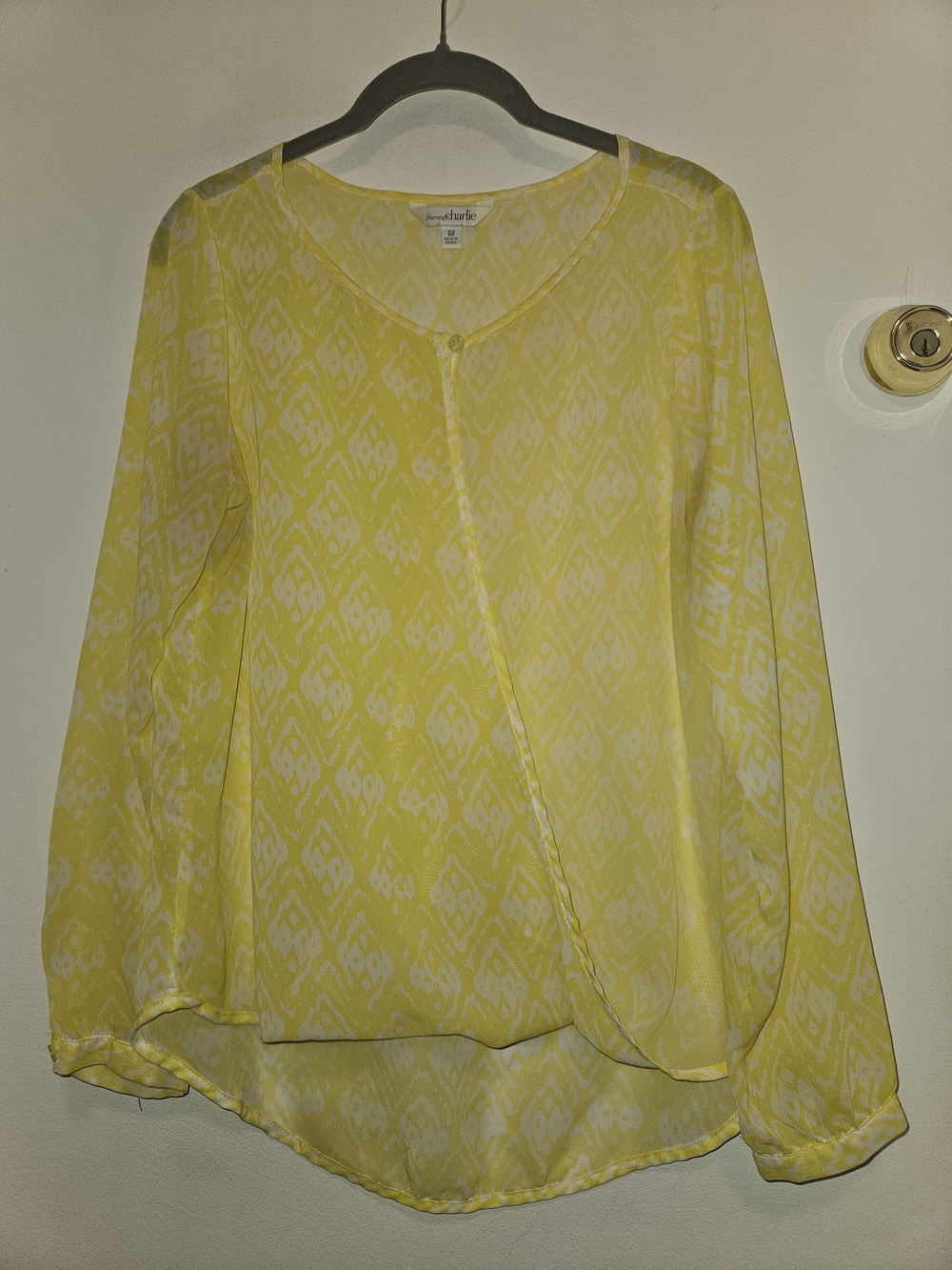 Charming Charlie Yellow Ikat-Print Faux Wrap Blouse